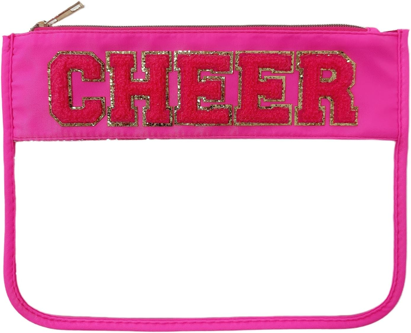 Clear Makeup Letter Bag Chenille Glitter Varsity Letter Patch Zipper Toiletry Pouch Travel Beach Summer Pool Bag Gifts for Women Girls(Beach-Blue), Cheer-Hot Pink