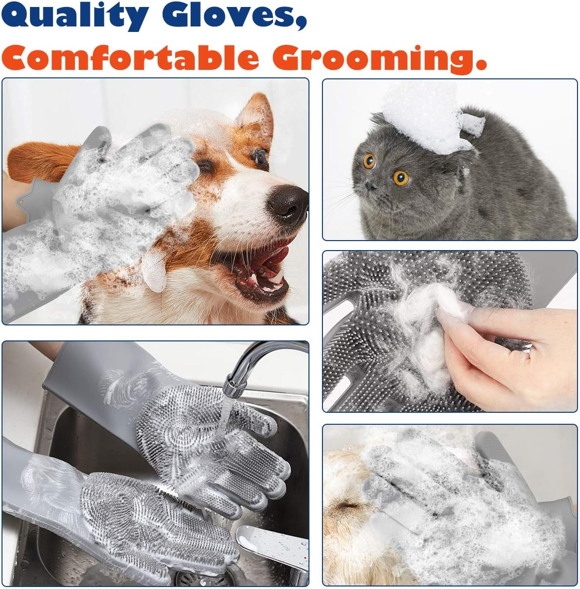 Vavopaw Pet Hair Remover, Gentle Magic Pet Grooming Gloves, Efficient Deshedding Glove for Dogs and Cats with Long & Short Fur, Bathing Shampoo Gloves Brush - Gray image number 5