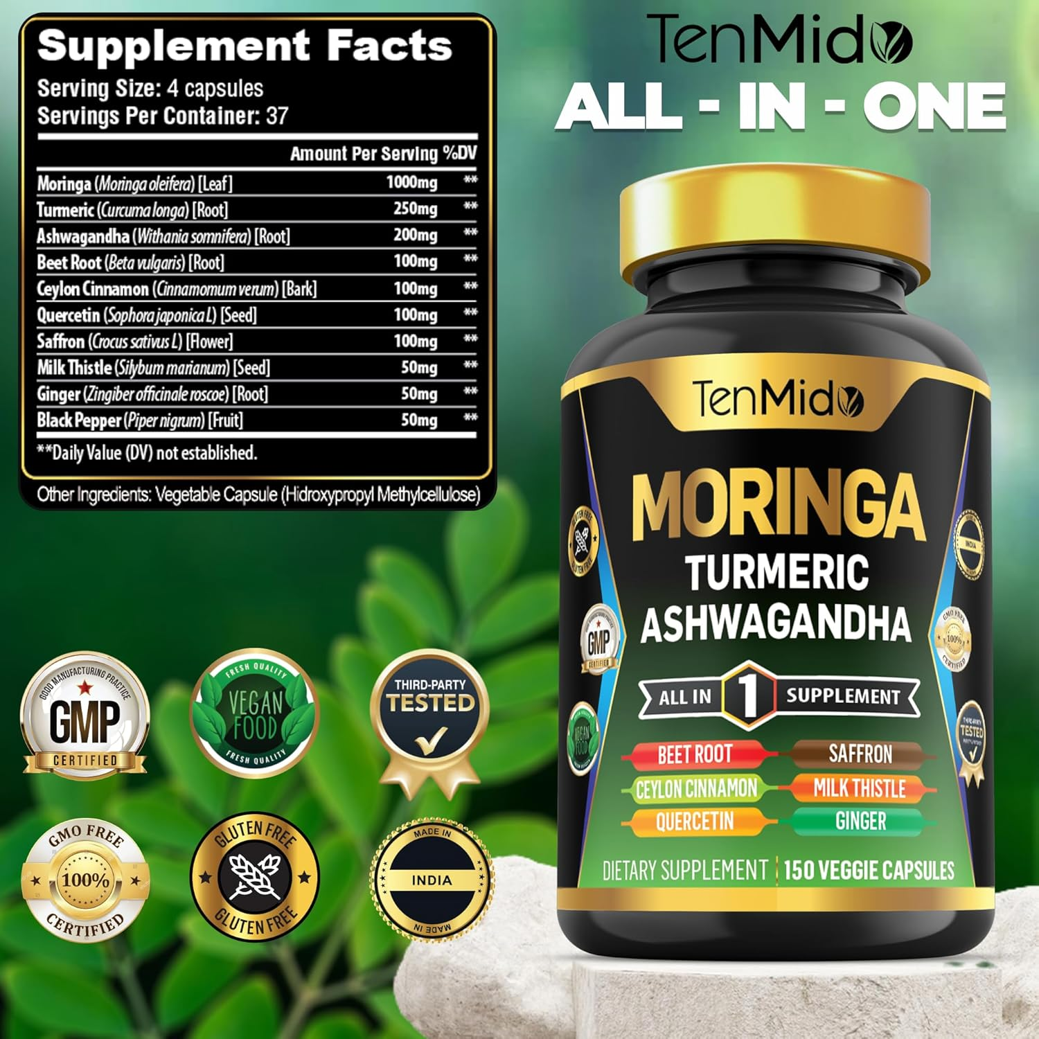 Moringa Oleifera Supplement for Men and Women, 10In1 Formula with Turmeric, Ashwagandha, Ceylon Cinnamon, Beet Root, Saffron & More - 150 Capsules image number 5