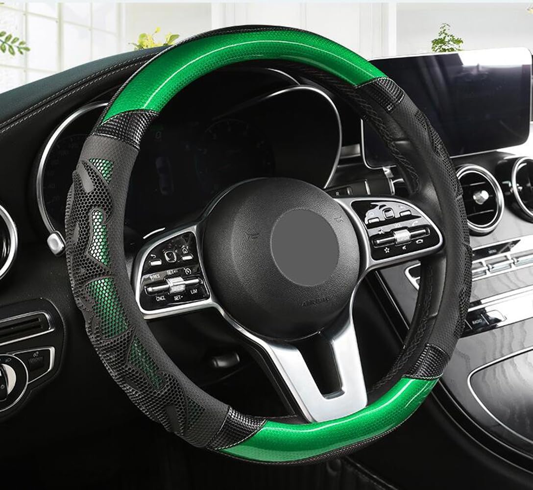 GZE Honeycomb Steering Wheel Cover Carbon Fiber Leather Breathable Wear-Resistant 15 Inch Four Seasons Universal Car Steering Wheel Covers (Blue)