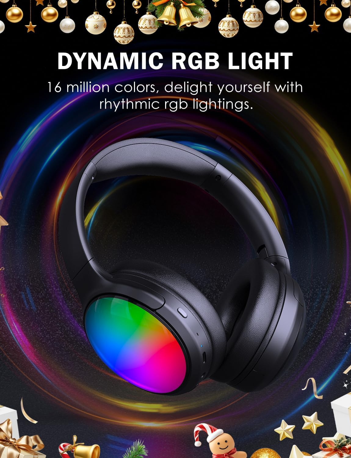 ONITOON Bluetooth Headphone with Cool RGB Light, Foldable Lightweight Wireless over Ear Headphone, 90&deg; Rotatable Earcups, Hifi Stereo with Deep Bass Audio for Travel, Ipad Cellphone Laptop PC image number 1