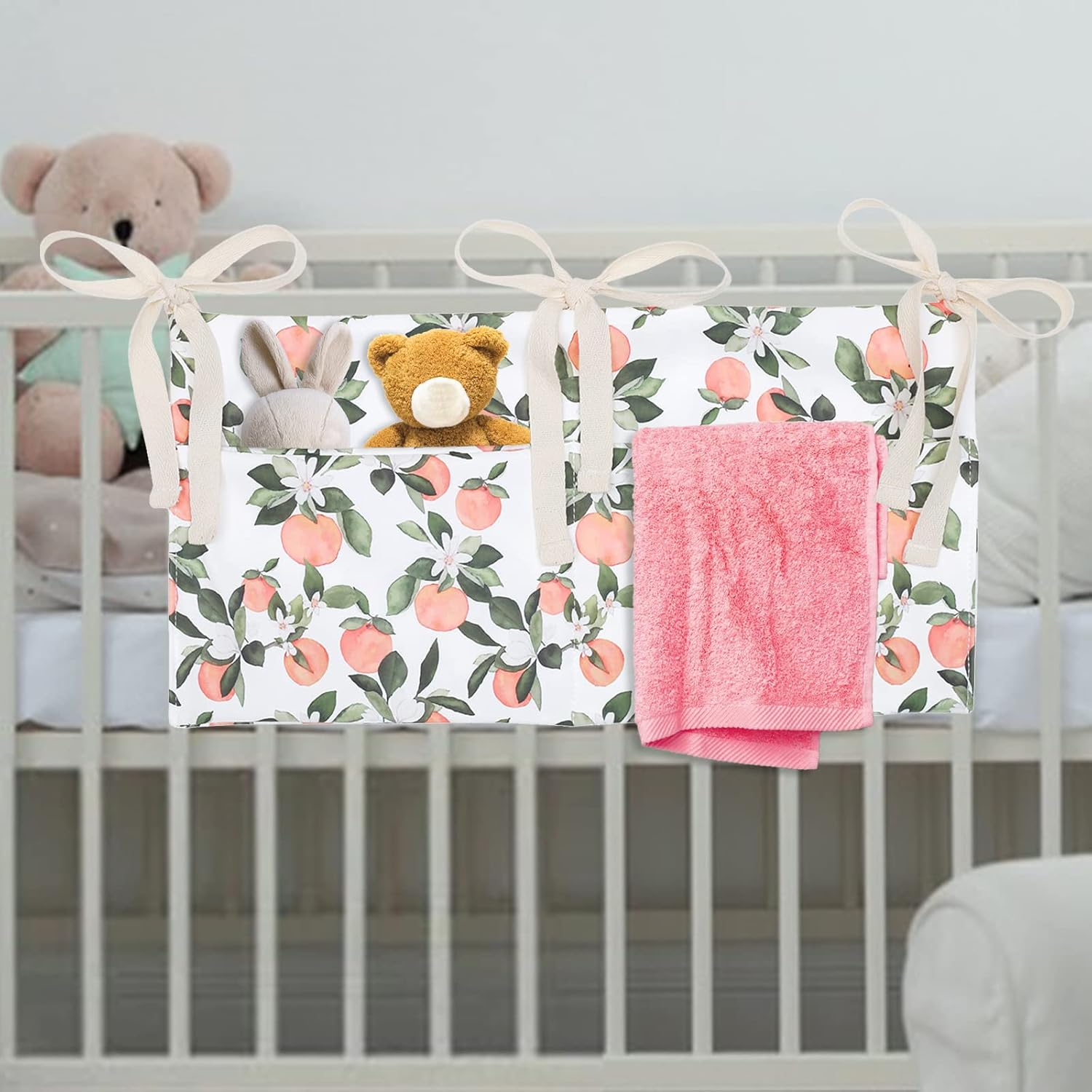 Winmany Baby Crib Organizer Cot Caddy Bed Storage Bag 2 Pockets Bedside Hanging Diaper Nursery Organizer for Diapers Toys Clothing (Orange)