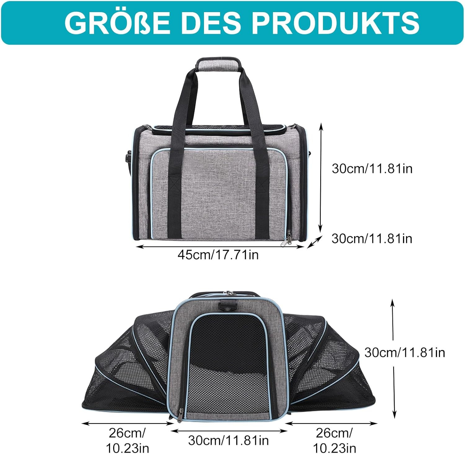 Cat and Dog Transport Bag, Expandable Transport Box, Foldable Carry Bag for Cats, Small Dogs, Cats, Dog Bag, Pet Bag in the Car, Vehicle or Train (Grey + Blue)