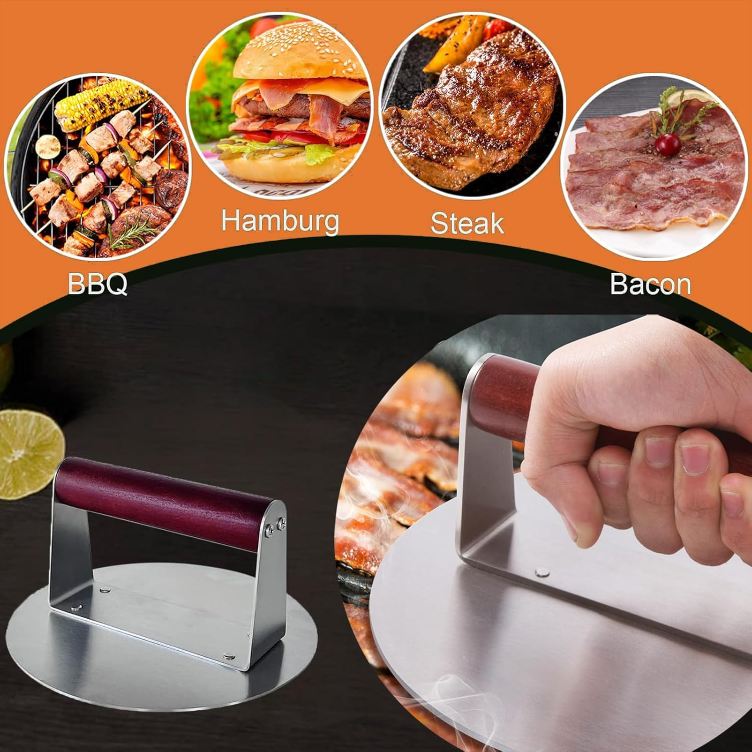 Stainless Steel Burger Crusher, 5.5-Inch round Crusher with Scald Resistant Handle for Crushing Burgers, Bacon, Ground Beef, Meat and Sausage image number 6