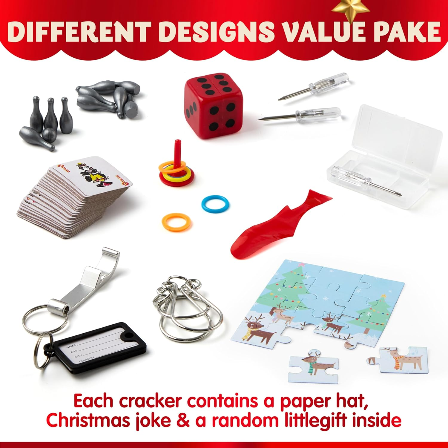 10&rdquo; Christmas No Snap No Popping Party Table Favor(10 Pack) with Red & White Snowflake Design, with Party Hat, Joke & Little Gift Inside, for Xmas Gift, Christmas Seasonal Holiday Dinner Traditions image number 3