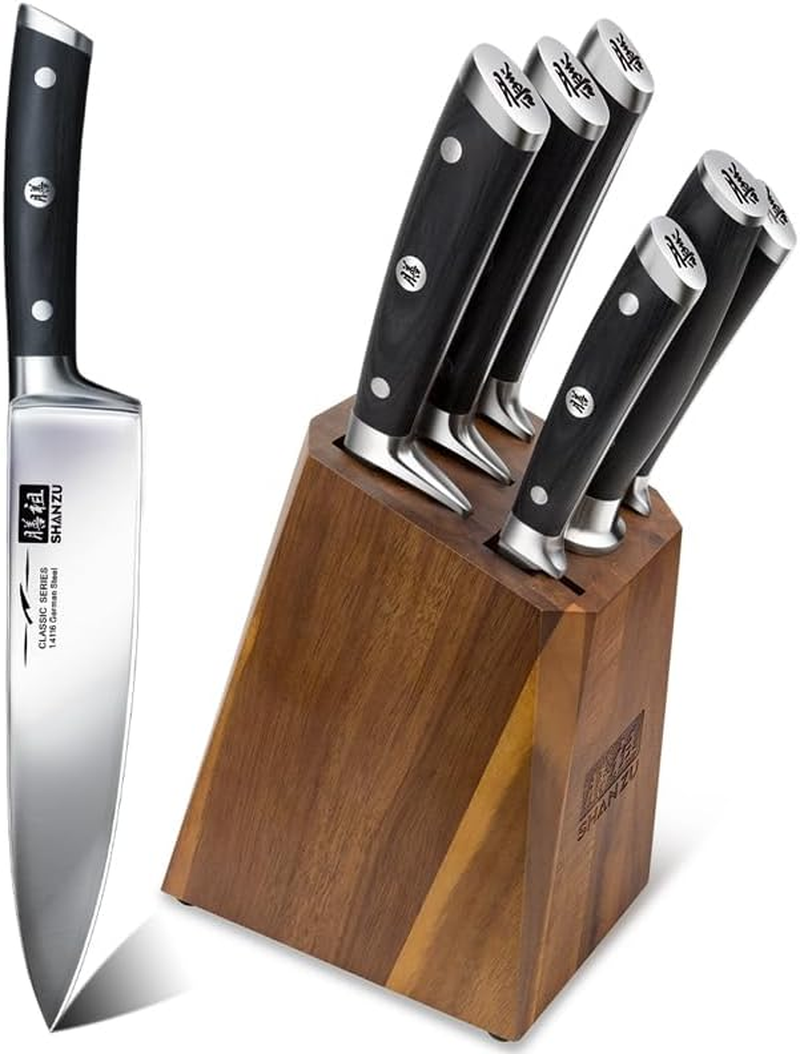 SHAN ZU Kitchen Steak Knives Set of 4, High Carbon German Stainless Steel Knives with 15&deg; Double Sided Edge & Ergonomic Pakkawood Handle