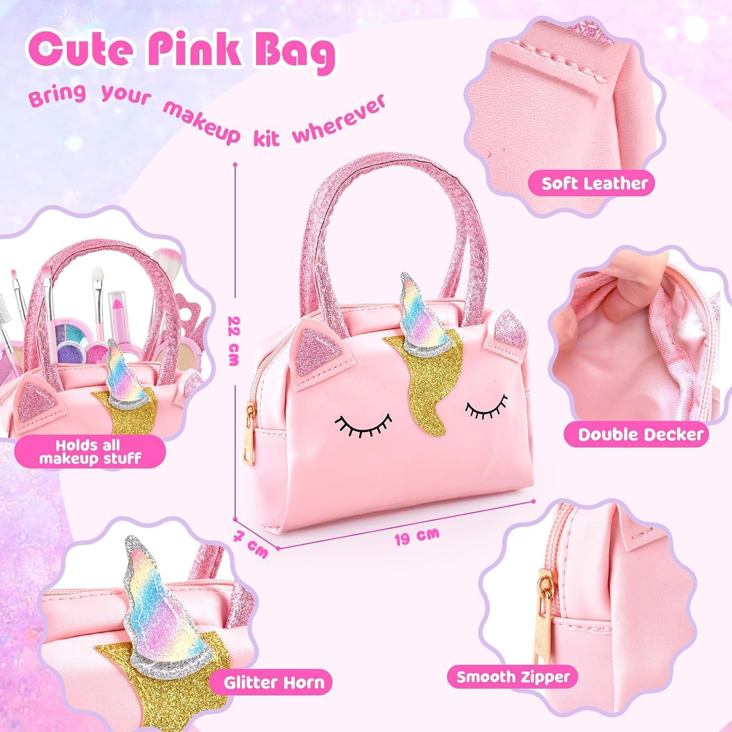 Kids Real Makeup Kit for Little Girls with Unicorn Purse - Non Toxic, Washable Make up Toy - Kids Pretend Play Set Vanity Birthday Gift for Ages 3 4 5 6 7 8 9 10 12 Years Old (Pink Soft Unicorn Bag) image number 4