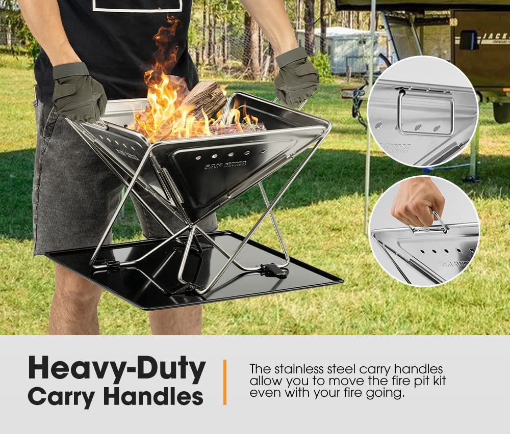 SAN HIMA Portable Camping Fire Pit 43CM X 43CM with Handle - Adjustable Grill & Side Plates Heavy Duty 304 Stainless Steel Foldable Firepit with Carrying Bag for Outdoor Camping BBQ image number 3