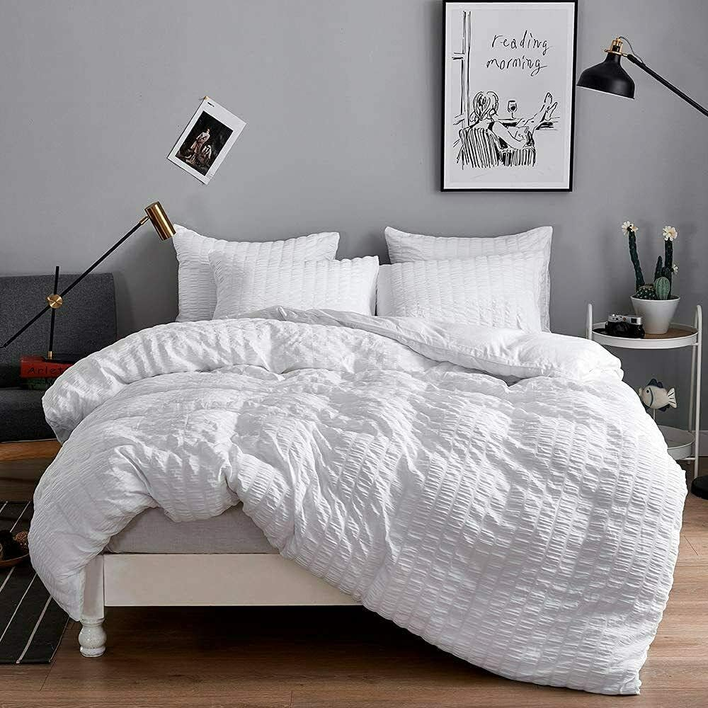 Seersucker Style Striped Quilt Duvet Doona Cover Set Bedding White Grey Pink (Blush Pink, Single) image number 4