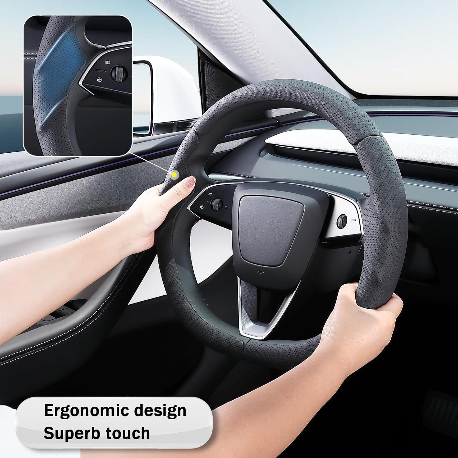 Steering Wheel Cover for Tesla Model 3 2024-Present Highland/Tesla Model Y Juniper 2025-Present, Leather Steering Wheel Cover for Tesla Model 3 Highland/Y Juniper Accessories, Black image number 7