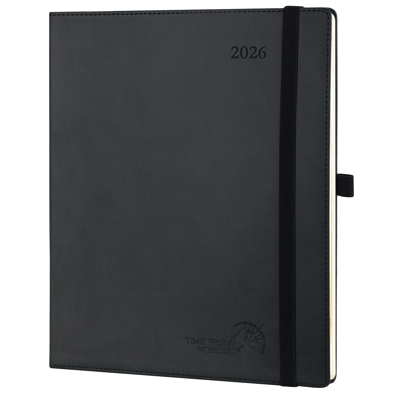 POPRUN 2026 Diary Week to View Large (26.5X21.5 Cm) PU Leather Soft Cover Vertical Weekly Appointment Diary 26 Planner, Monthly Tabs, 100GSM Paper (Black）