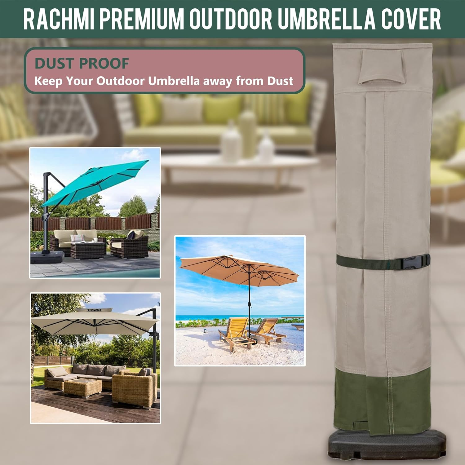 Rachmi Patio Cantilever Umbrella Cover for 9-13 Ft Umbrellas, 600D Water-Resistant UV & Fade Resistant Cover Fits round / Square Outdoor Garden Offset Parasol with Zipper & Rod, Khaki-Green image number 1