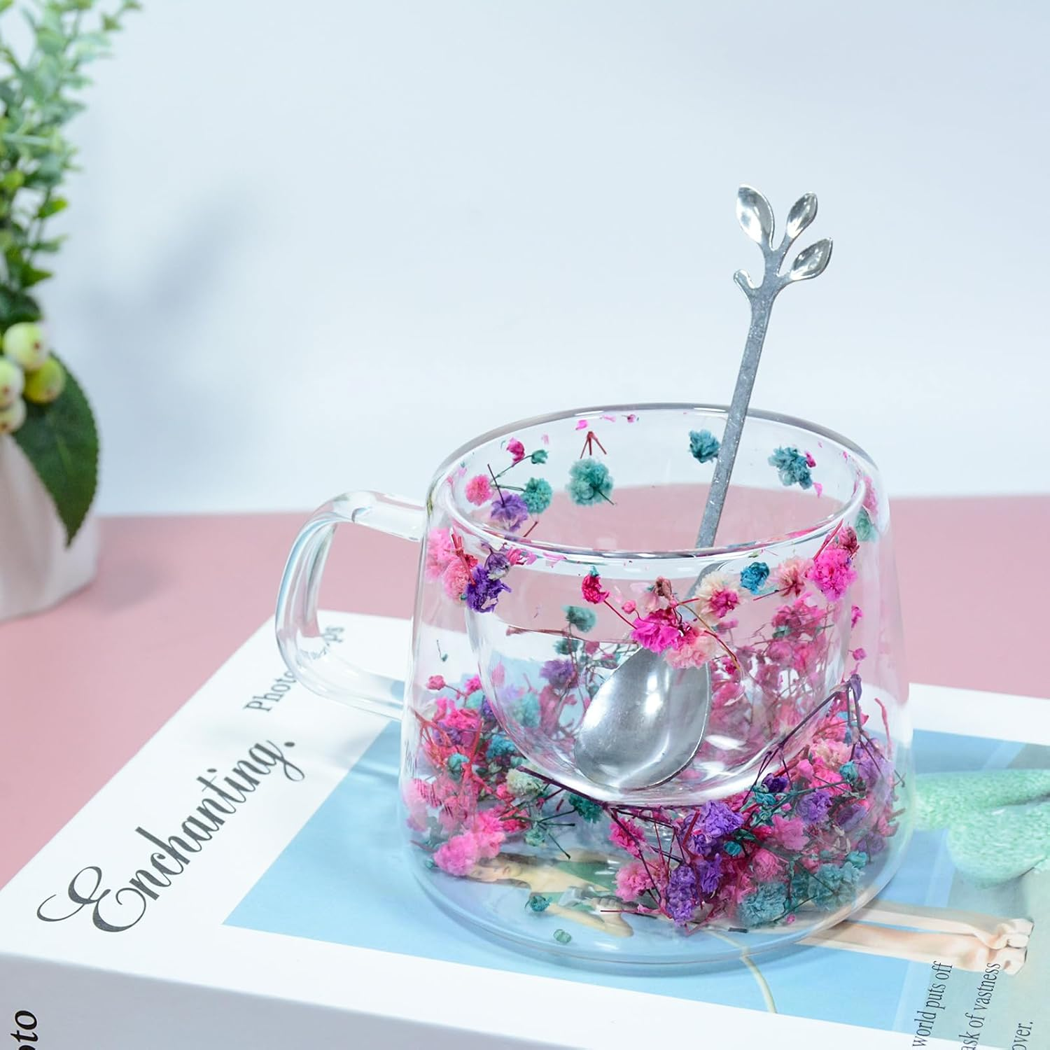 Double Wall Glass Coffee Mugs Cute Tea Cups Heat Resistant Transparent Mug Aesthetic Floral Design Best for Women Friend Teacher Mum Unique Birthday image number 1