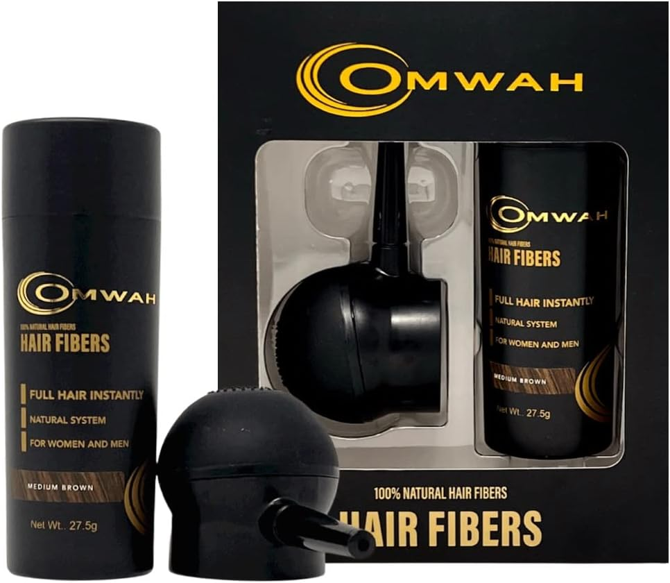 OMWAH Hair Fibers for Thinning Hair Men - 2-In-1 Kit 27.5G, Hair Building Fibers & Spray Applicator, Natural Thick Hair Filler, Conceals Hair Loss (Medium Brown, 27.5G) image number 2