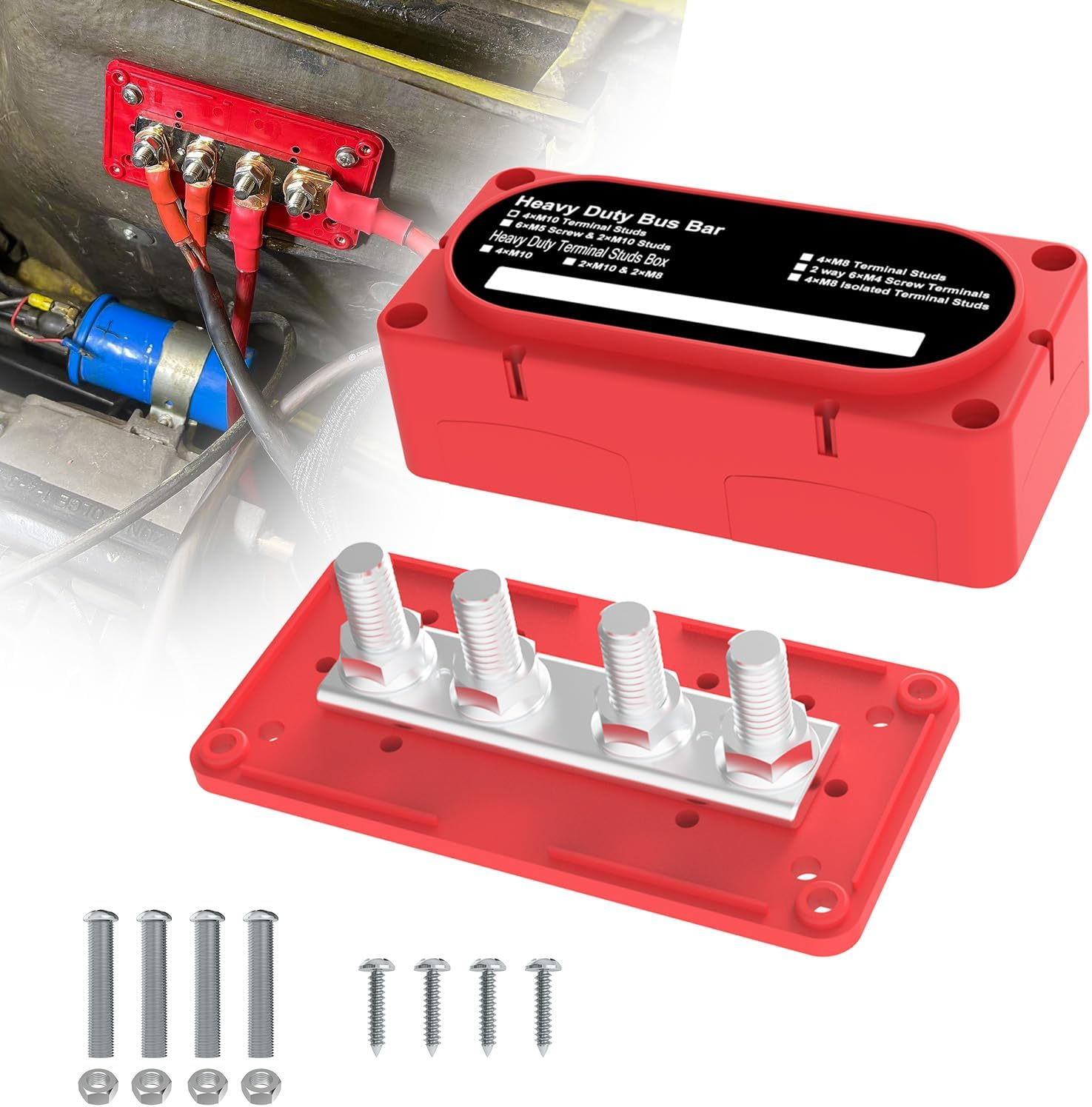 Heavy Duty Bus Bar 300A 12V Power Distribution Block with 5/16" (M8) 4-Posts Terminals Block with Cover for Automotive, Marine, Battery System(Red)