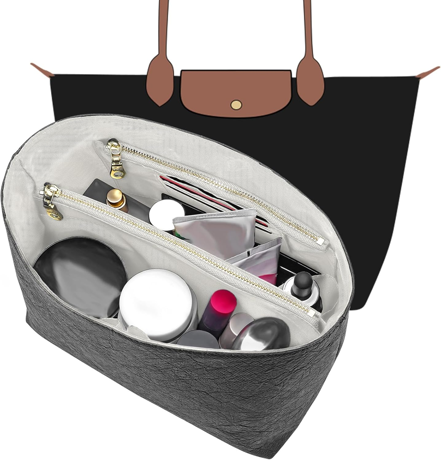 LOUKAYCCI New Dupont Paper Purse Organizer Insert for Longchamp Le Pliage M Handbag Insert (White&Brown, Medium)
