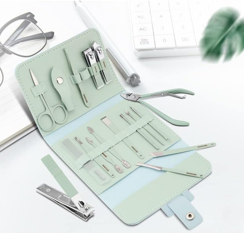 AIMALL 16PCS Manicure Pedicure Kit for Men and Women, Stainless Steel Nail Clippers Set with Facial and Foot Care Tools in Leather Case, Portable Grooming Set image number 4