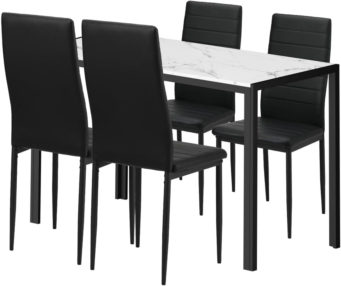 Oikiture Dining Table with Dining Chairs for Set 4PCS 120Cm Rectangle Marble Table Top White&Black for Home Kitchen or Dining Room image number 5