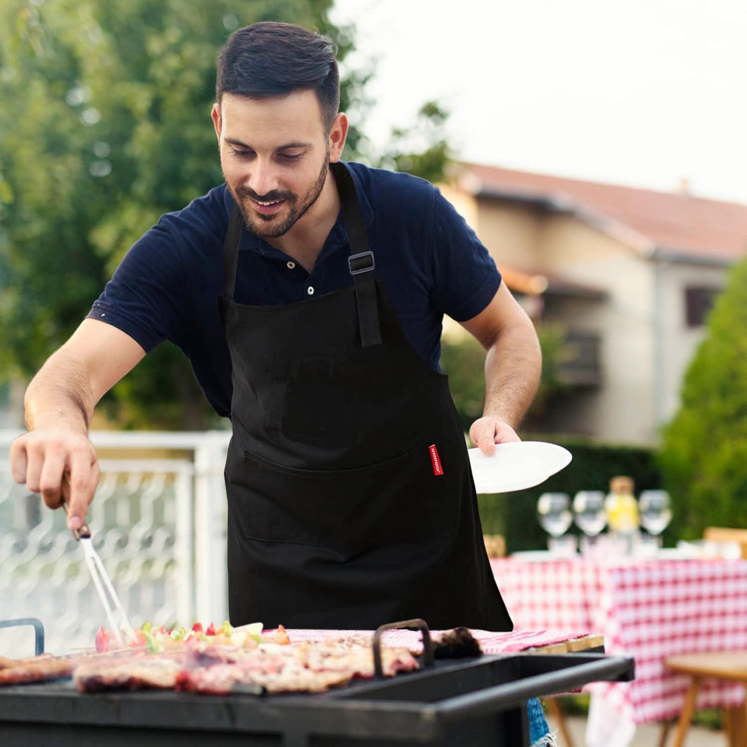 APRONPANDA Professional Adjustable Black 100% Cotton Apron with 2 Pockets Cooking Kitchen Chef Women Men Aprons for Home Kitchen, Restaurant, Coffee House, Baking Gardening BBQ image number 4