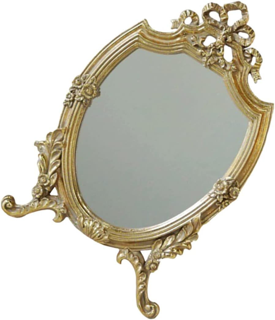 COMPUKAS Vintage Gold Makeup Mirror Wall Mounted or Free Standing Decorative Bathroom Mirror for Beauty Unique Design for Dressing Table and Bedroom image number 2