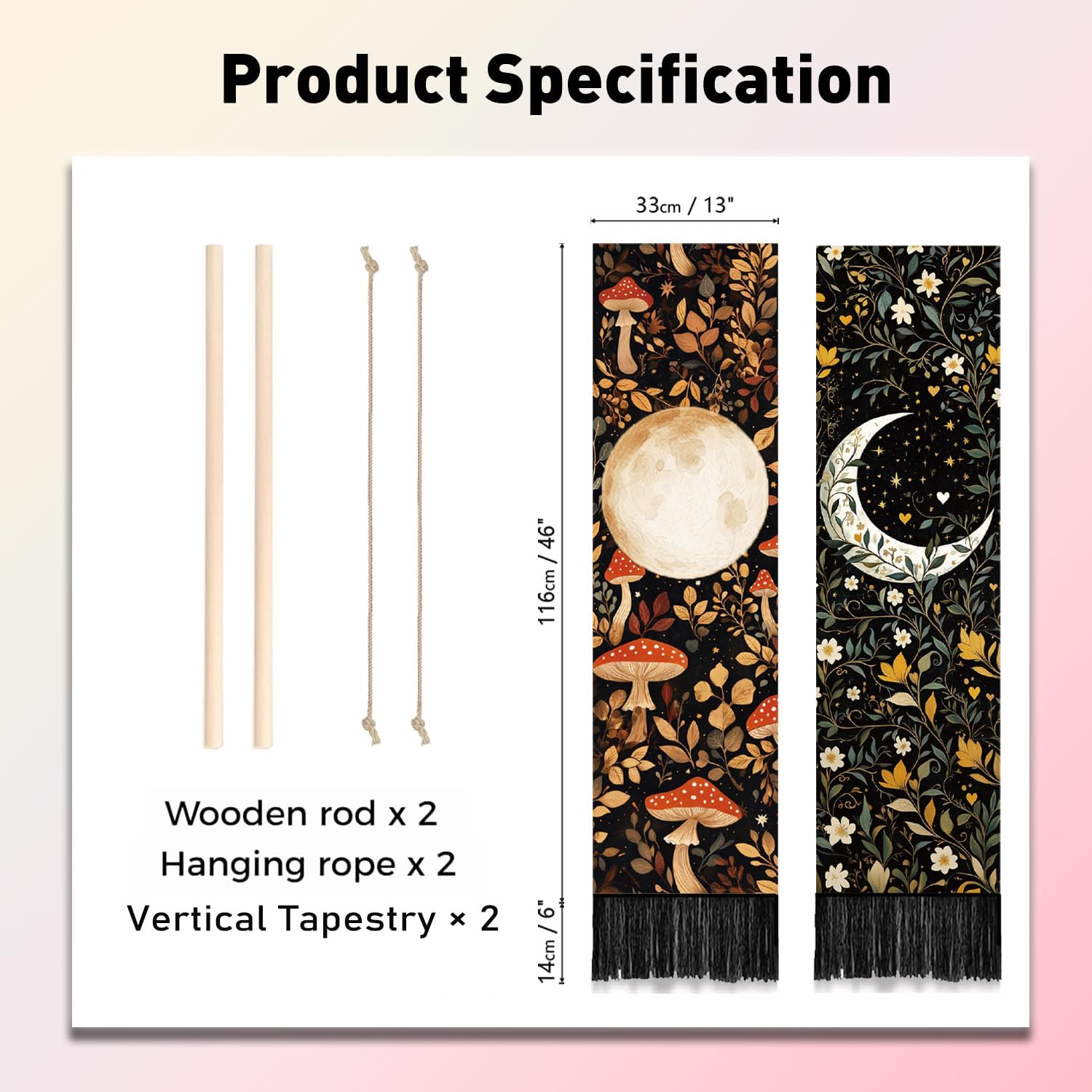 PLIGREAT 2 Pack Moon Tapestry Mushroom and Botanical Tapestry with Tassels Vertical Bohemian Wall Hanging Aesthetic Floral Wall Tapestries for Bedroom Living Room Dorm Room Narrow Home Decor - Blue And Black image number 6