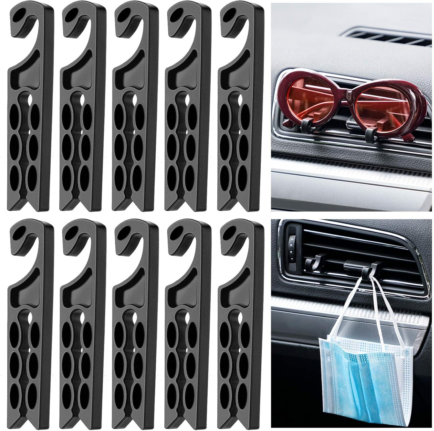 BBTO 10 Pieces Car Vent Hook Hanger Car Air Vent Holder Mobile Phone Mount Earphone Cable Winder Sunglasses Glasses Keychain Organizer Hanger Storage Hook (Black)