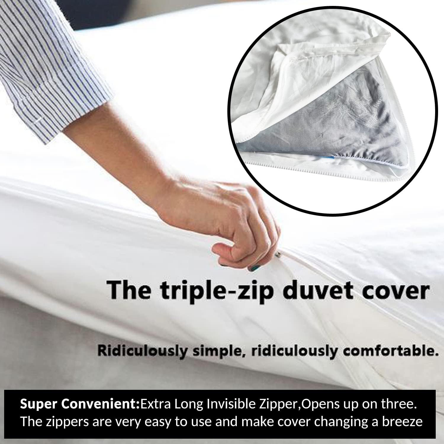 VEJESIME Duvet Cover Set, 3 Sided Zipper Duvet Cover, 100% Cotton Duvet Cover 3 Pieces with One Duvet Cover,Two Pillowcase, Triple-Zip System for Simple Changing Duvet Cover (King+2Pillw Shams)