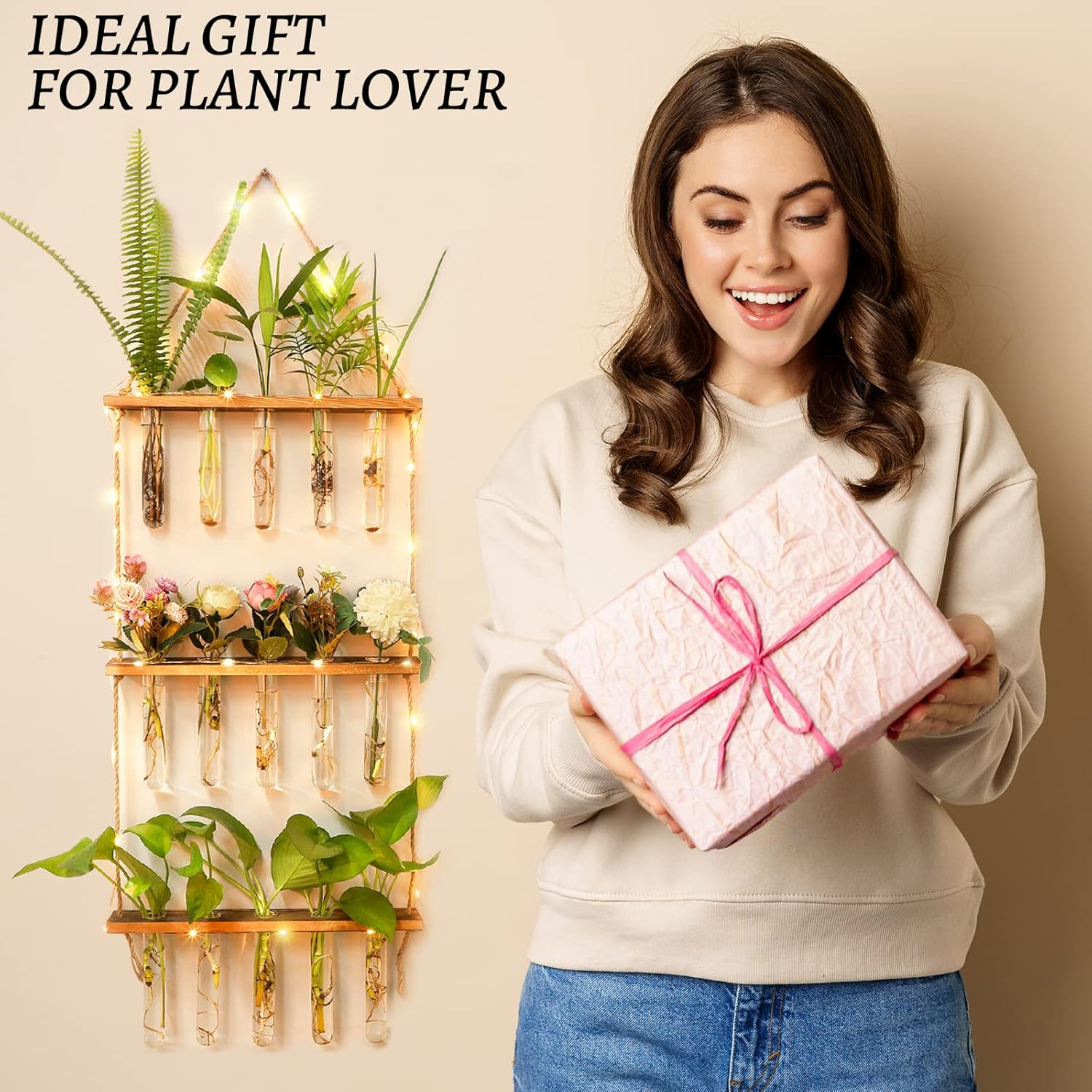 MYFINCA Propagation Stations Wall Hanging Planter Terrarium with LED Lights & Wooden Stand Propogation Planters Glass Tube Vase for Hydroponic Plant Cutting Flower, Home Decor (3Tier 16Tubes) image number 2