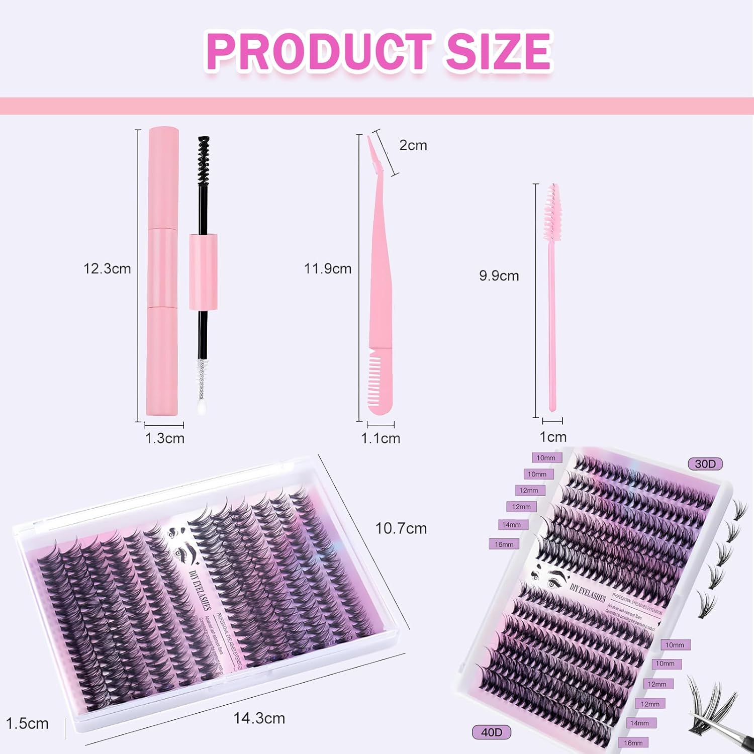 Checkzed Lash Extension Kit DIY 240Pcs, 9-16Mm 30D&40D Individual Lashes Kit with Bond and Seal, Lash Comb and Tweezers for Self Use image number 3