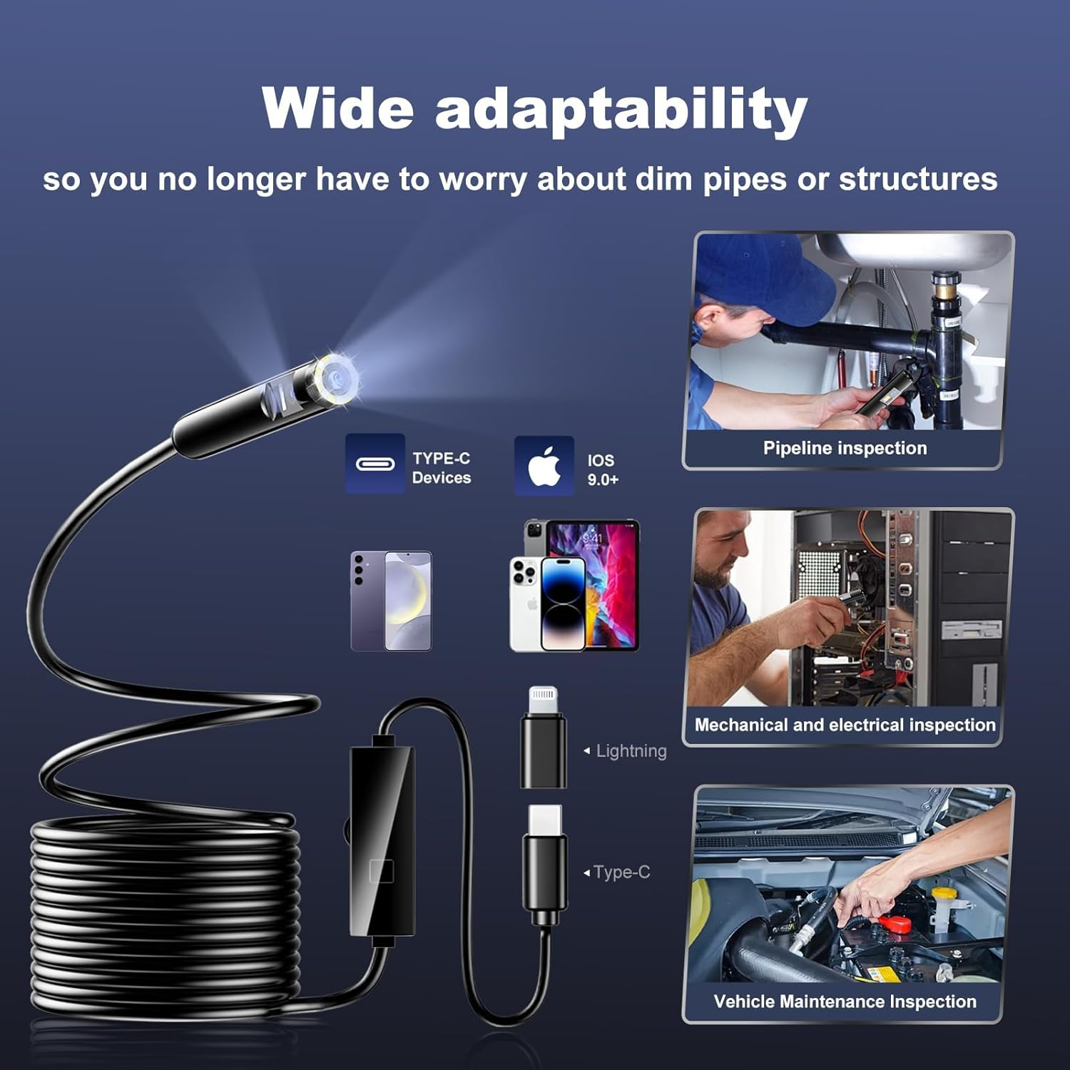[Dual-Lens] Endoscope Camera with Light, 1920P Borescope Inspection Camera with 8+1 Adjustable LED Lights, Semi-Rigid Snake Cable 16.5FT, IP67 Waterproof for Iphone, Ipad, Samsung,Cool Gadgets for Men image number 4
