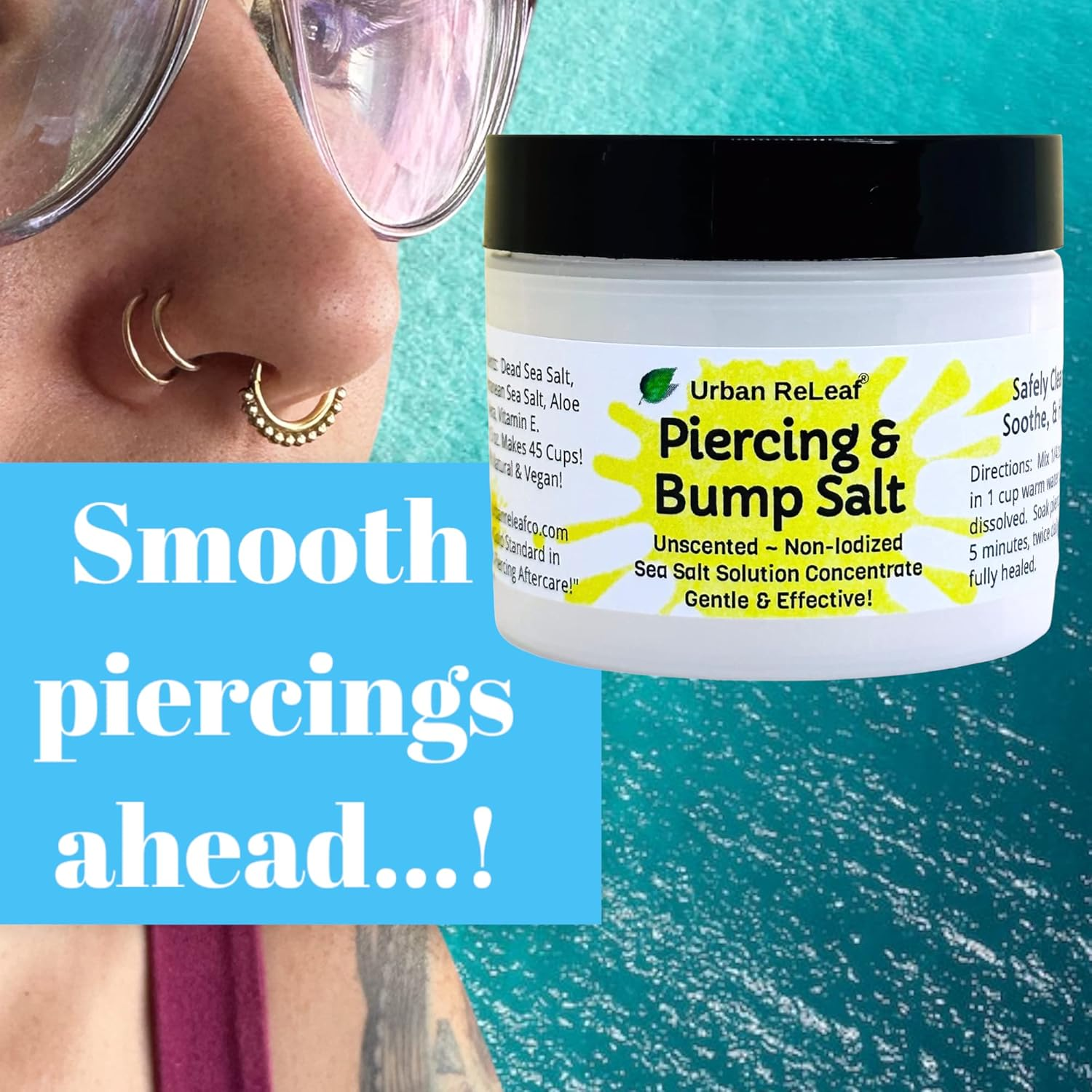 Urban Releaf Piercing & Bump Salt ! Unscented Sea Salt Solution Concentrate. Makes 45 Cups! Gentle Effective Clean Soothe Calm. Non-Iodized. It Works! Cleanse and Soak, Fresh Saline Aftercare image number 4