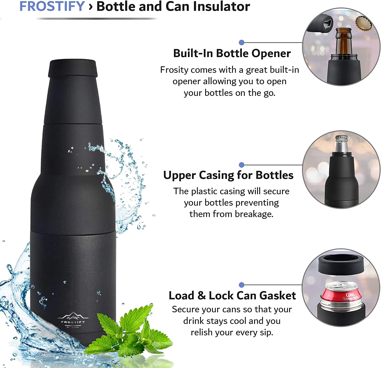 FROSTIFY Stubby Holder | 3 in 1 Alloy Steel Wine Chiller - Premium Insulated Beer Bottle Holder and Can Cooler with Beer Opener for Beer Lovers | Keep Your Beer Colder (Black) image number 2