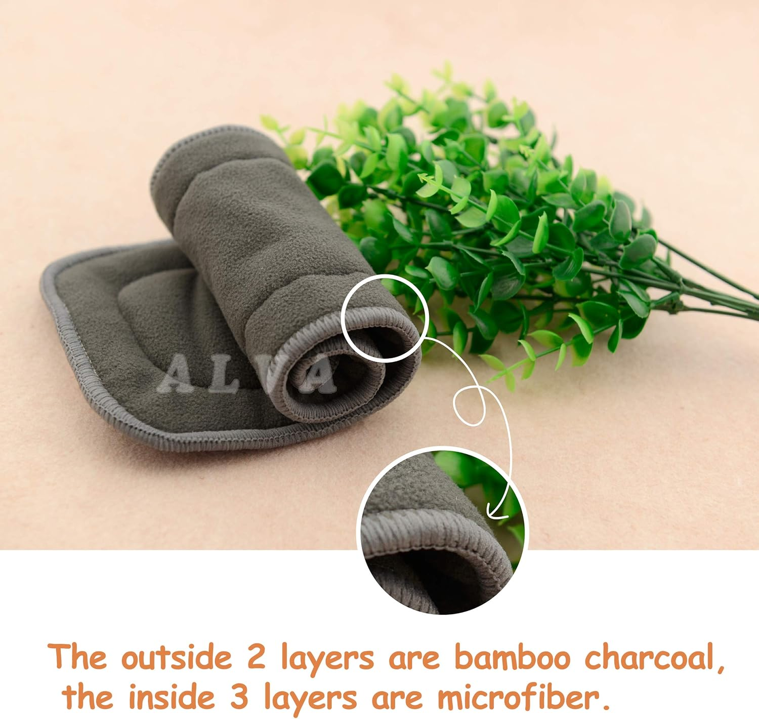 ALVABABY Charcoal Bamboo Inserts,Natures Cloth Diaper Liner,5-Layer Bamboo Charcoal Viscose Staple Fiber Inserts,Reusable Liners for Baby Cloth Diapers 6Pcs 6ZTN image number 5
