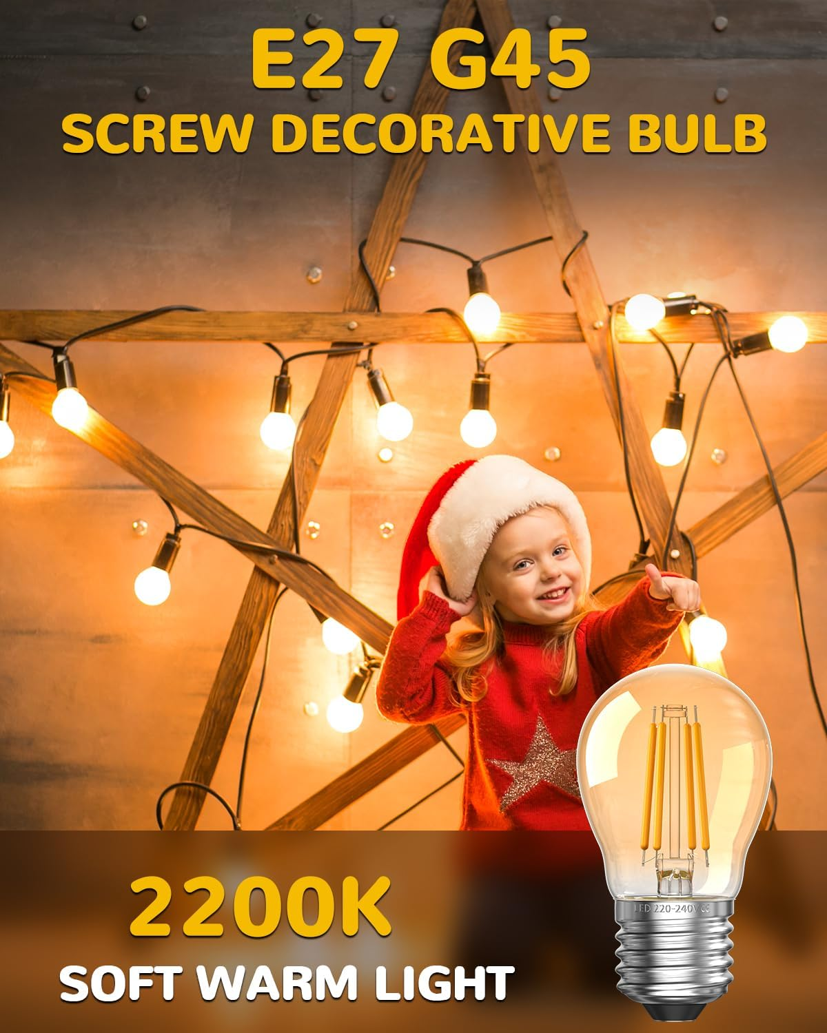 Tobebright 2.5W E27 LED Screw in Light Bulb, Warm White, G45 Golf Ball Edison Vintage, Amber Glass, Equivalent 20-25W, Non-Dimmable, 3-Pack image number 3