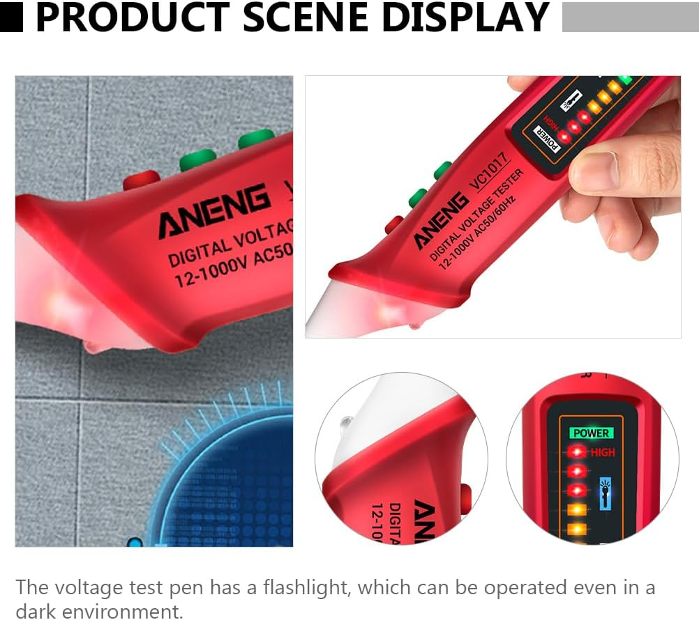 12V-1000V Voltage Tester: Adjustable Sensitivity Voltage Detector Pen AC Voltage Detector Pen with LED Flashlight - Sound and Light Warning Pencil Electrical Voltmeter Ammeter Circuit Tester Tool - Yellow image number 2