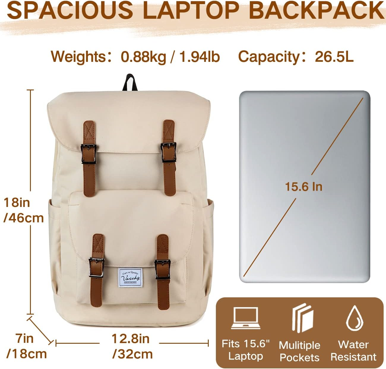 Backpack for Men Women,Vaschy Vintage Casual School Daypack Lightweight Camping Rucksack Travel Backpack Bookbag With15.6In Laptop Sleeve Light Camel