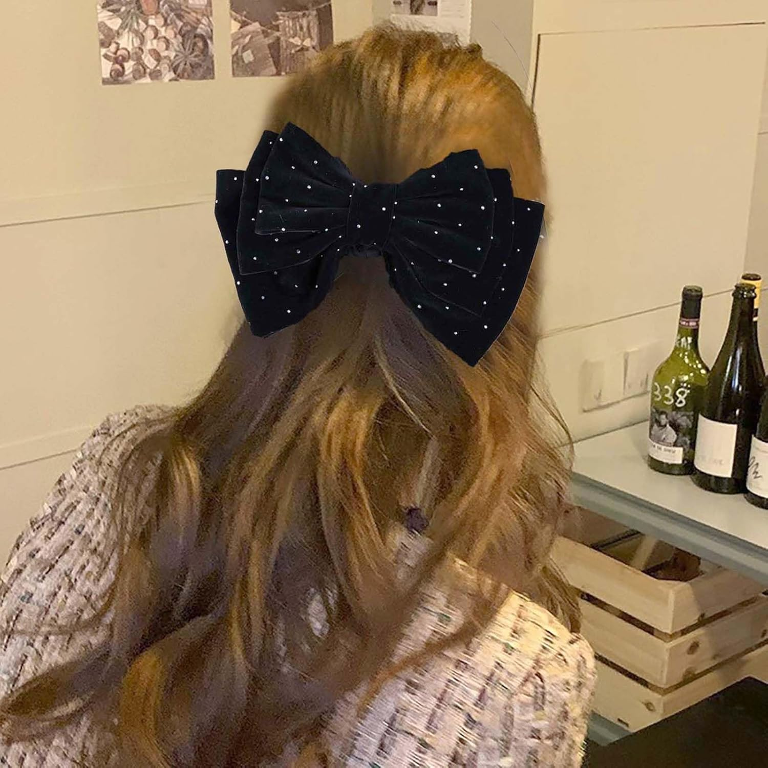 Large Hair Bows Women Velvet Bow Hair Clips Glitter Bow Clips Cute Hair Bow Clips French Hair Band Bow Crystal Bows Party Wedding Barrette Bowknot Black Red image number 2