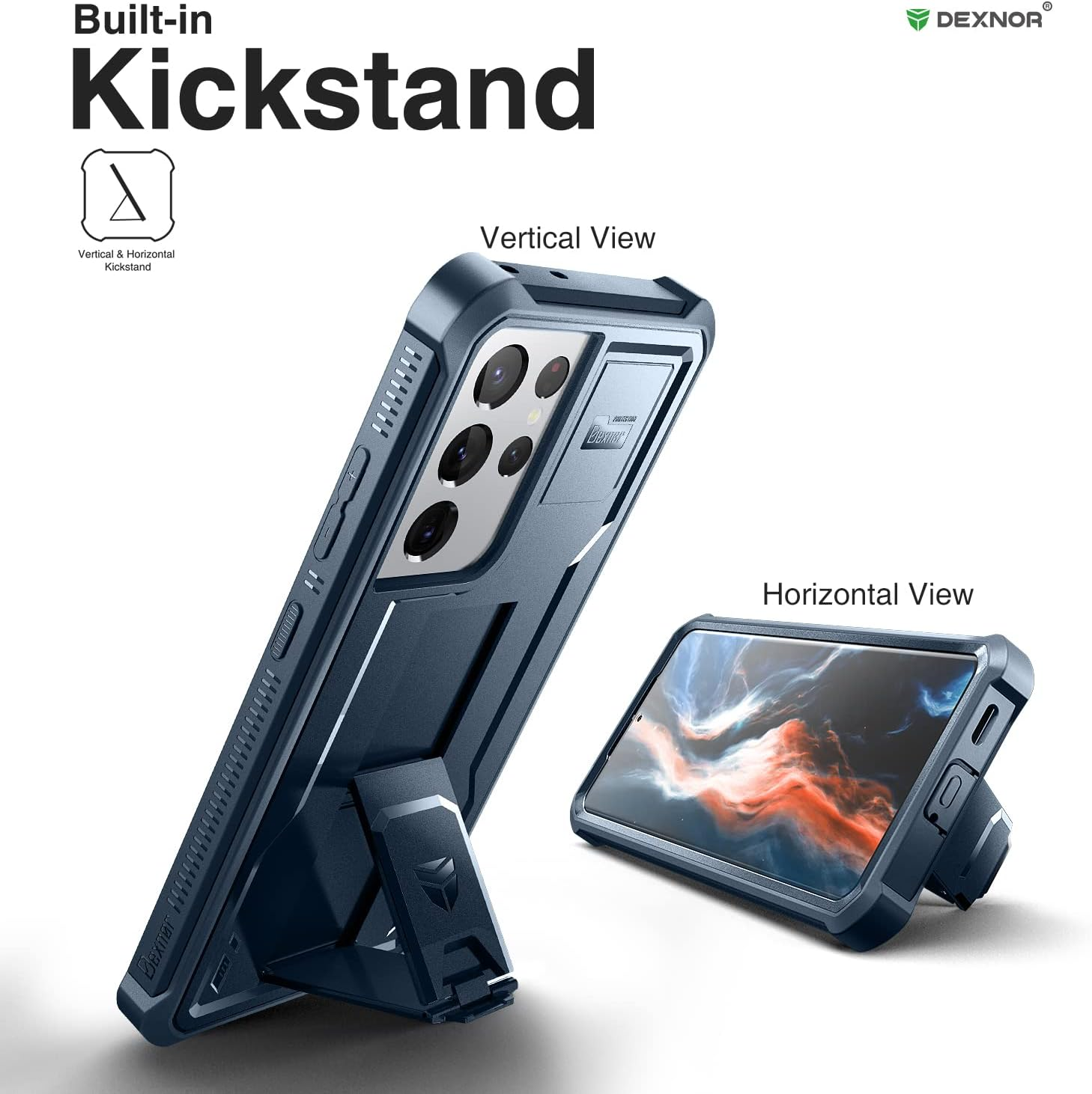 Dexnor Case for Samsung Galaxy S21 Ultra 5G 6.8 Inch with Built-In Screen Protector Military Grade Armour Heavy Duty 360 Full Body Shockproof Bumper Protection Cover with Stand - Blue - Black image number 2