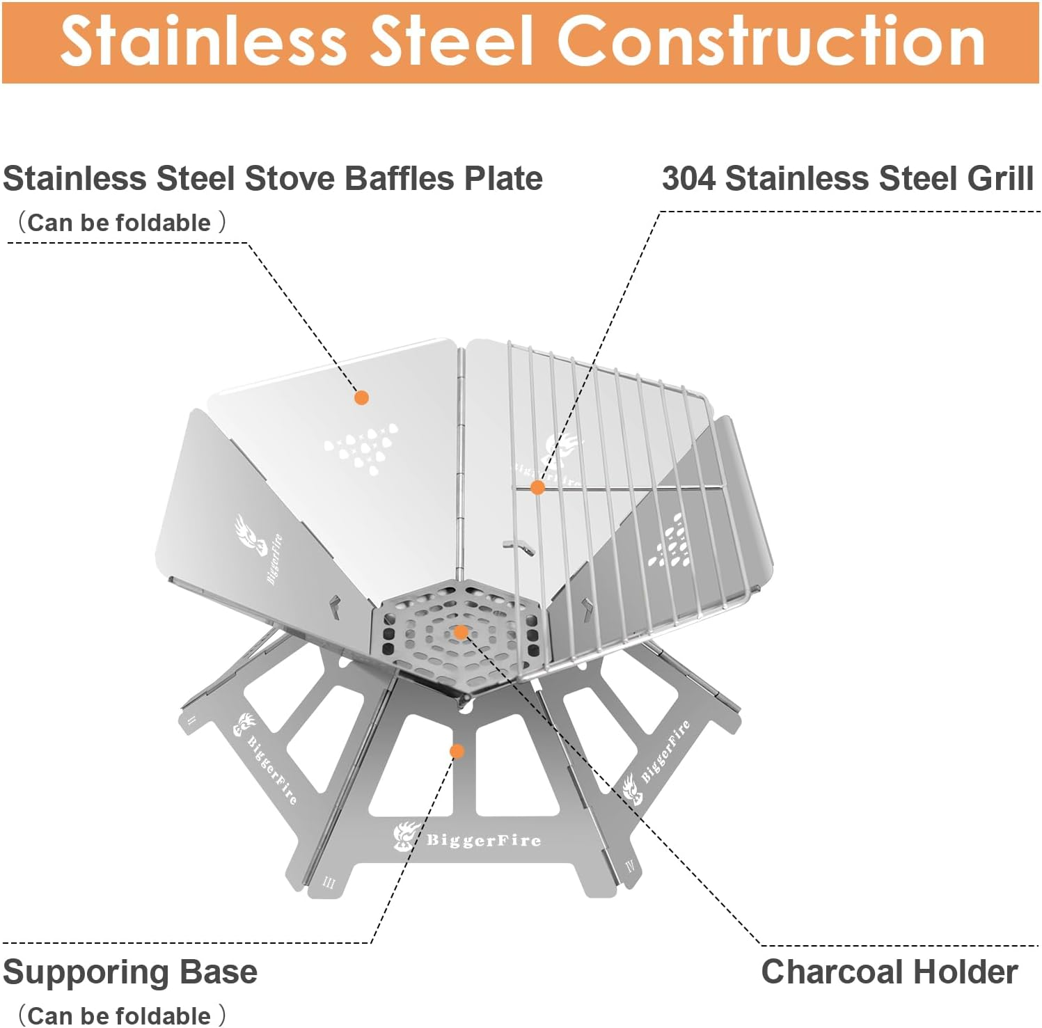 Biggerfire Stainless Steel Foldable Fire Pit with Charcoal Grill Small Size Wood Burning Grill,Portable with Carrying Bag for Patio Yard Outdoor Barbecue Camping Bonfire Lightweight 1.7Kg image number 5