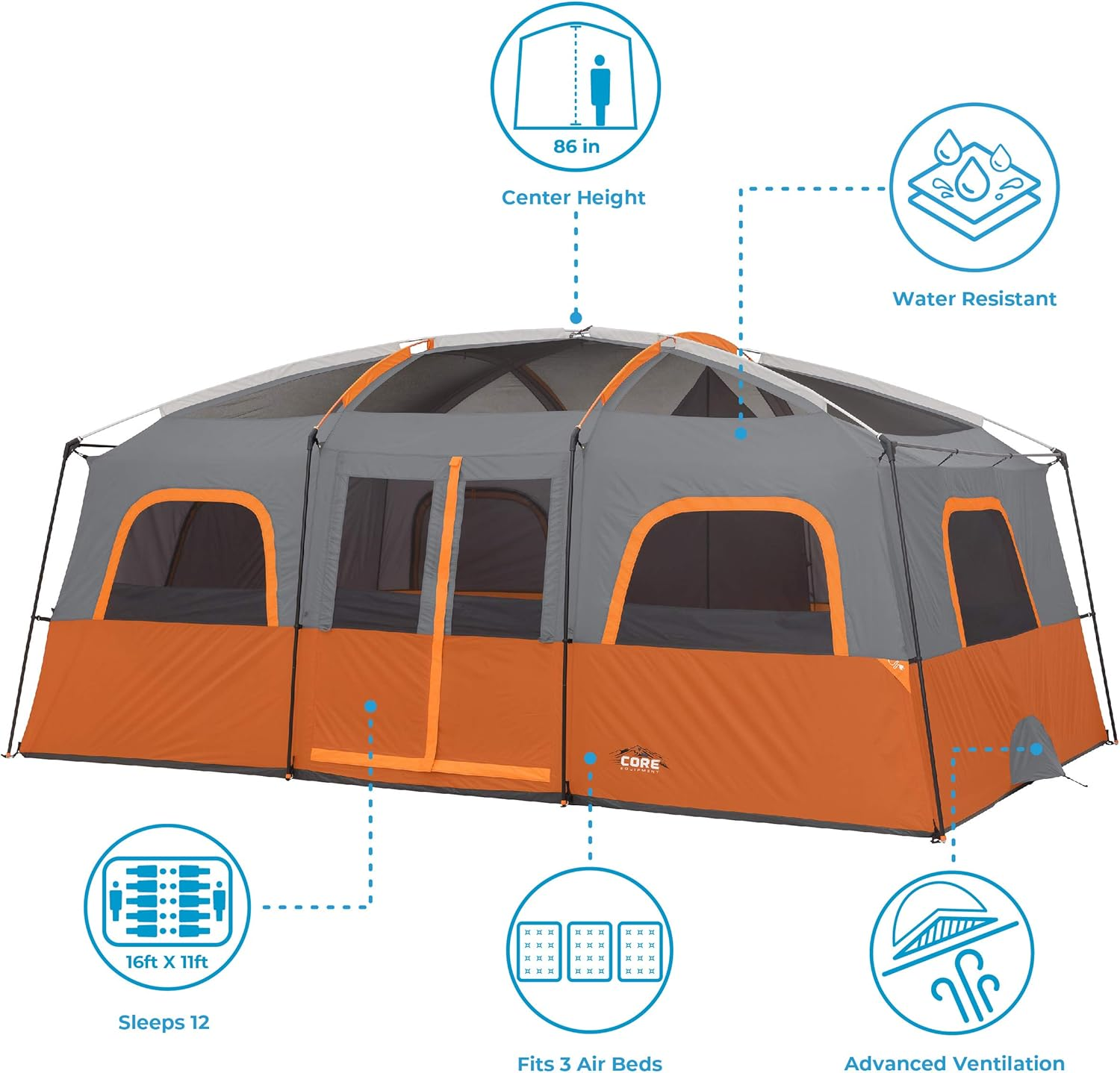 CORE 12 Person Tent | Large Multi Room Tent for Family with Storage Pockets for Camping Accessories | Portable Cabin Huge Tent with Carry Bag for Outdoor Car Camping image number 4