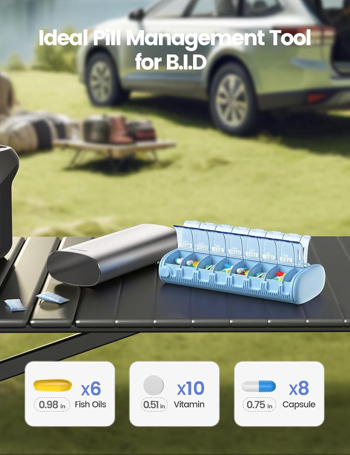 Vaydeer Metal 7 Day Pill Organizer 2 Times a Day &ndash; AM PM Weekly Travel Pill Case with Moisture-Proof Desiccant, Airtight Large Capacity Pill Box for Vitamins, Medications & Supplements (Black) - Blue image number 6