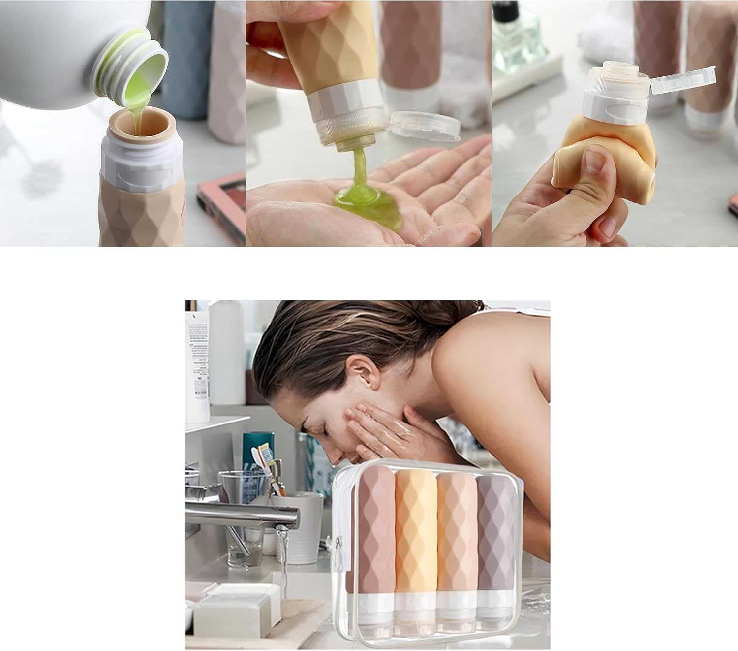 4-Pack Silicone Travel Bottles Set - Leakproof Toiletry Containers for Shampoo & Body Wash | Eco-Friendly Squeeze Tubes with PVC Pouch image number 6