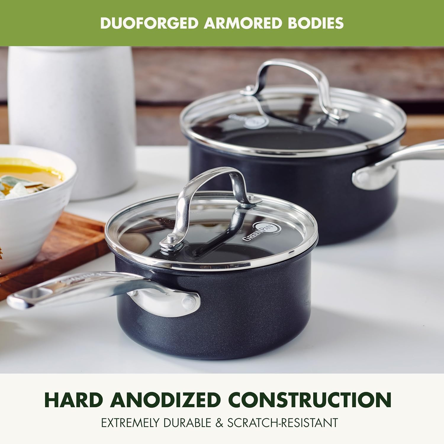 Greenpan Prime Chatham 1QT & 2QT Saucepan Pot Set with Glass Lids, Hard Anodized Diamond Infused Ceramic Nonstick, Pfas-Free, Dishwasher Safe, Oven Safe, Multipurpose Chefs Pan, Stay-Cool Handle,Black image number 3