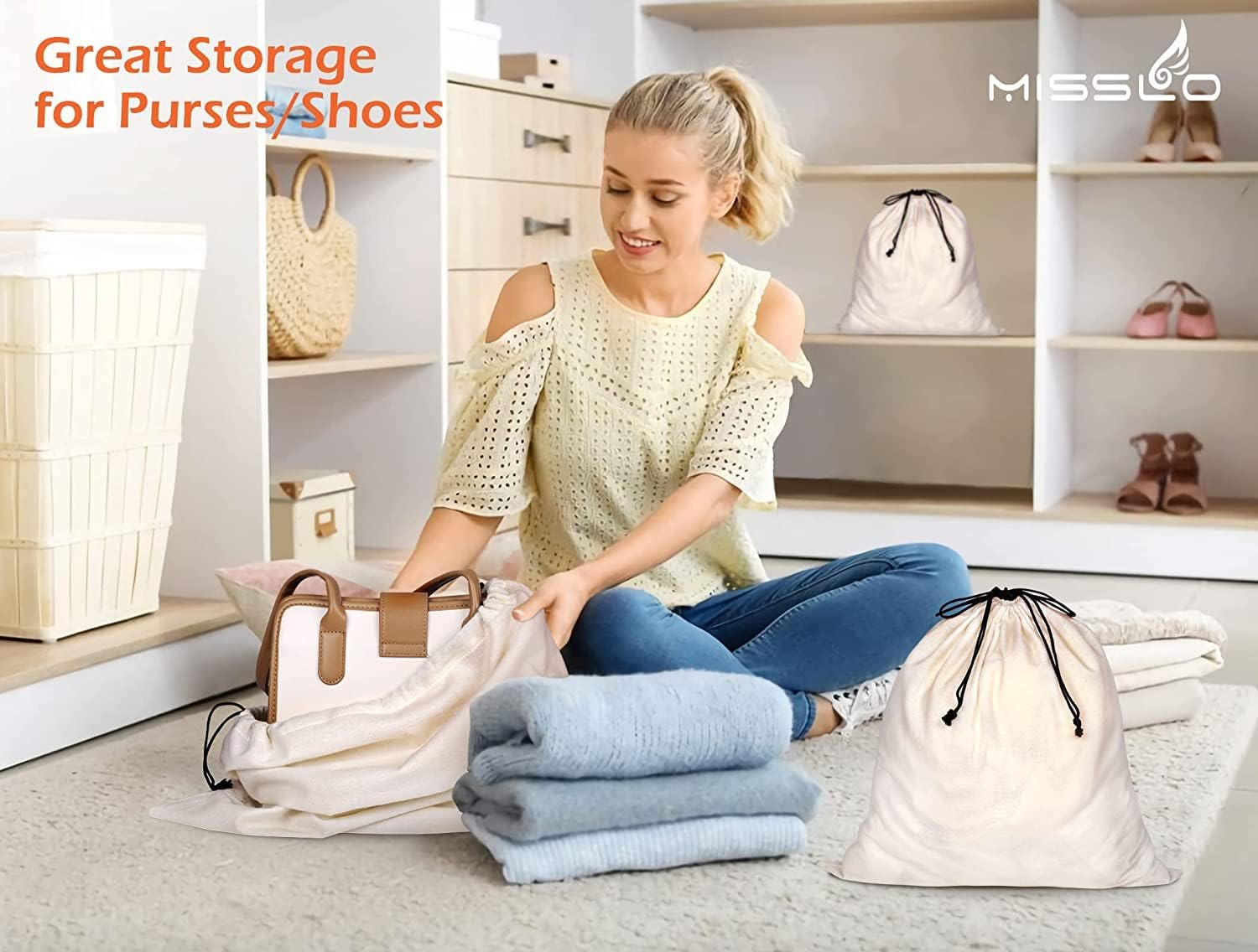 MISSLO Set of 3 Cotton Breathable Dust-Proof Drawstring Storage Pouch Multi-Functional Bag (Beige) image number 6