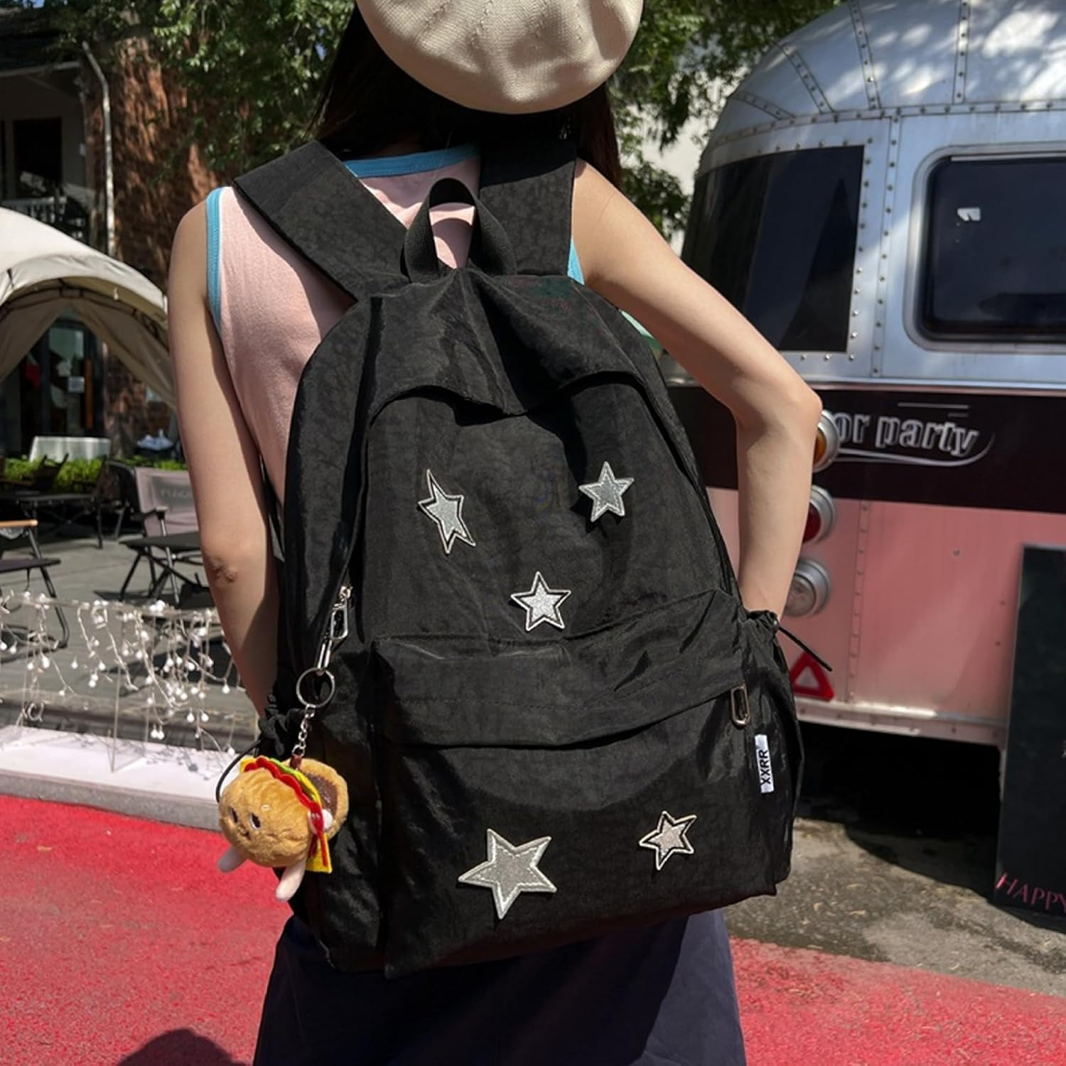 Star Backpack Y2K Backpack Large Capacity Star Canvas School with Smooth Zipper & Front Pocket Book Bags Black Laptop image number 3