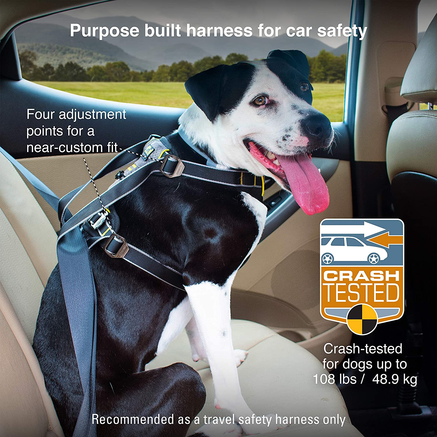 Kurgo Impact Dog Car Harness, Crash Tested Dog Car Harness, Safety Harness for Dogs, Pet Seatbelt Harness, up to 108 Lbs, for Small, Medium, & Large Dogs, Black/Charcoal (Medium)