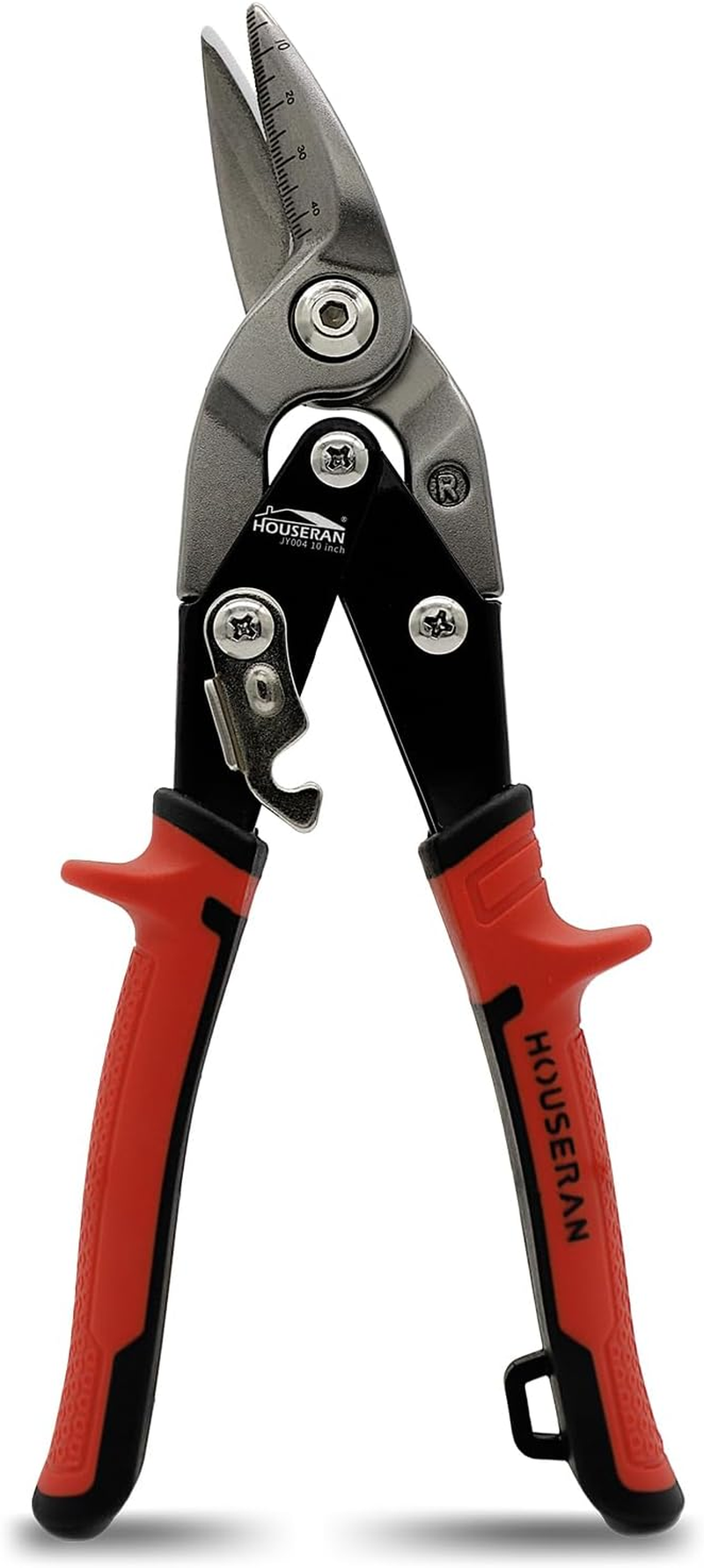 HOUSERAN 10 Inch Tin Snips, Right Cut Offset Aviation Snips, Heavy Duty CR-V Metal Cutter with Double Lever, Scale Markings & Safety Lock, Tinner Shears Scissors for Cutting Metal Sheet