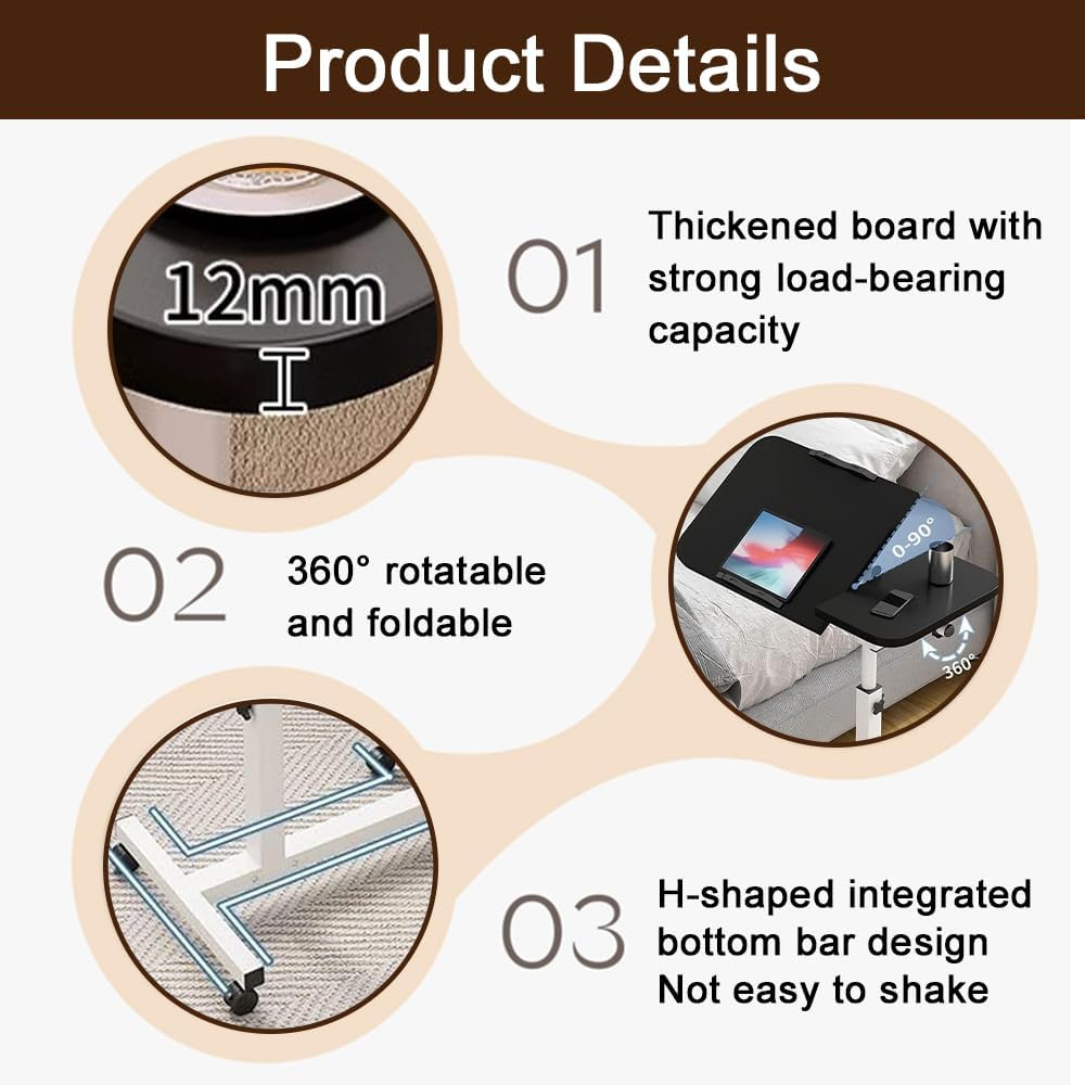 Mobile Overbed Table with Wheels, Height Adjustable Laptop Table with Shelf, Portable Rotate 360 ​​Degrees Home Office Desk Computer Standing Desk Cart with Tray for Work Study Reading (Black) image number 2