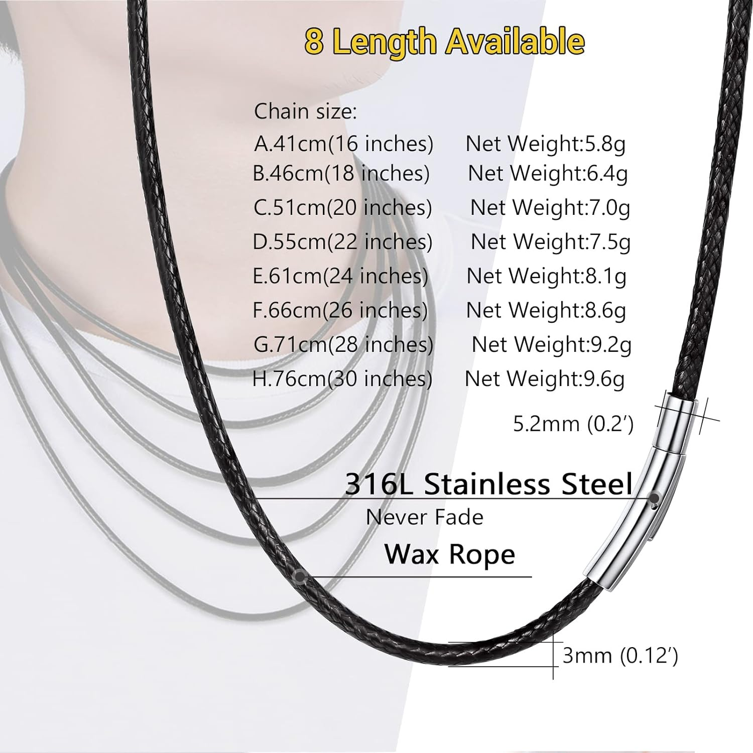 PROSTEEL Black/Brown Waxed Rope Braided Leather Necklace Cord Sturdy Soft Comfortable, 41-76Cm, Stainless Steel Durable Clasp, Come Gift Box image number 5