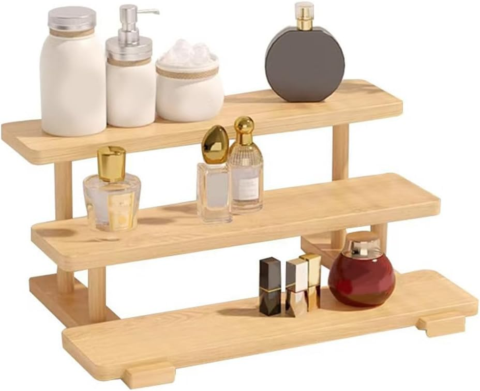 Bathroom Cabinet Storage, Wooden Multi-Layer Storage Rack, Three-Layer Desktop Display Rack, Perfume, Cosmetics, Cakes, Seasoning Storage, Suitable for Bathroom, Kitchen, Restaurant, Home Decoration image number 1